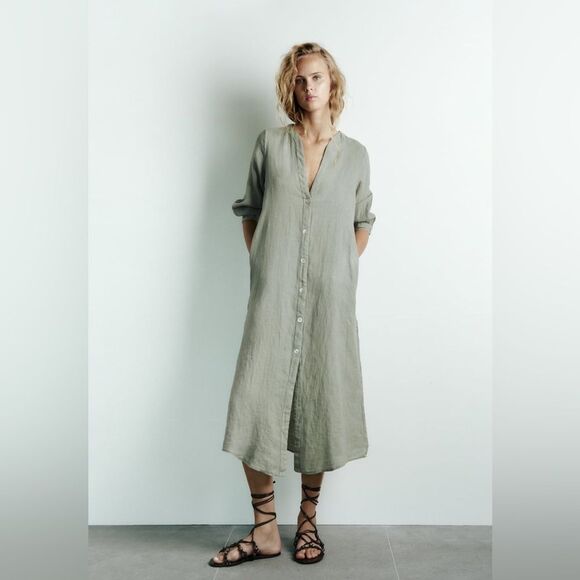 Zara 100% Linen Dress Pockets Khaki - Picture 7 of 11